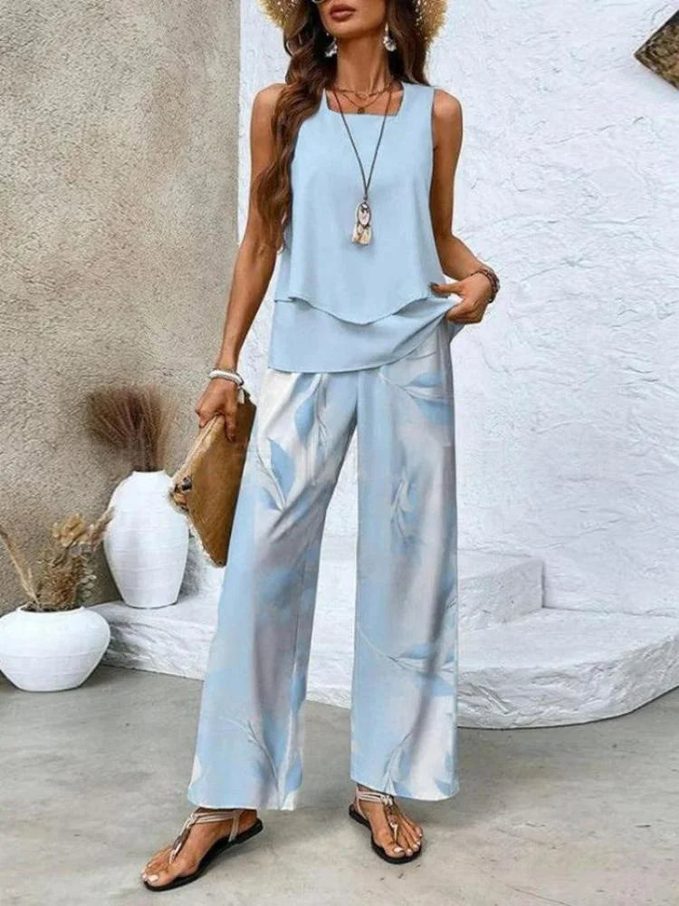 Women's Set with Top and Wide Pants – Relaxed Fit – Breathable Fabric – Sleeveless