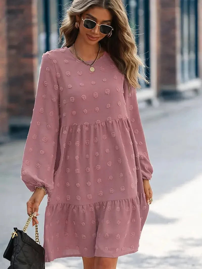 Women's Dress - Layered Design - Long Sleeves - Embroidered Texture - Comfortable Fit