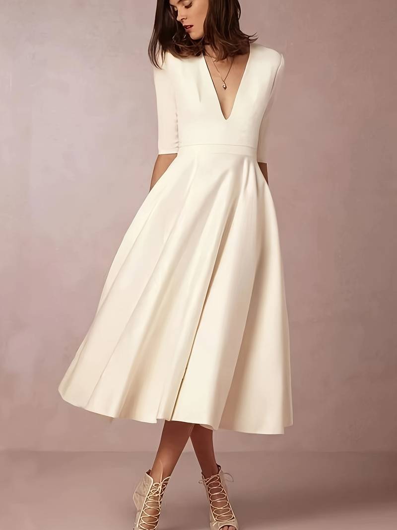 Dress for Women – Satin-like Fabric – Fitted Bodice – A-line – V-neck – Midi – Elbow-length Sleeves