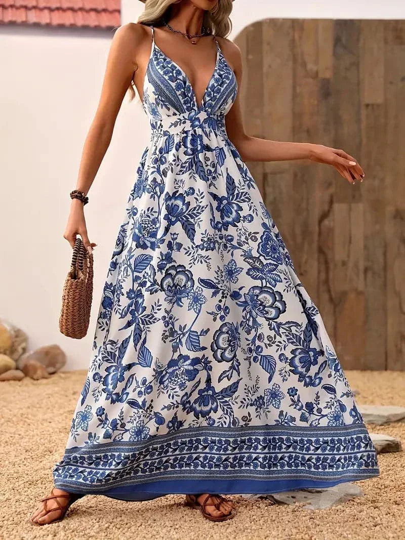 Women's Maxi Dress - V-neck Spaghetti Straps - Sleeveless A-line - Floral Print Airy Fit