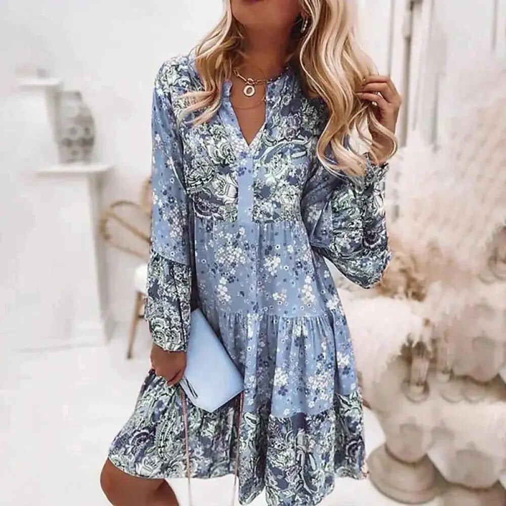 Women's Dress – A-line Fit – V-neck – Long Sleeves – Floral Print – Airy Fabric