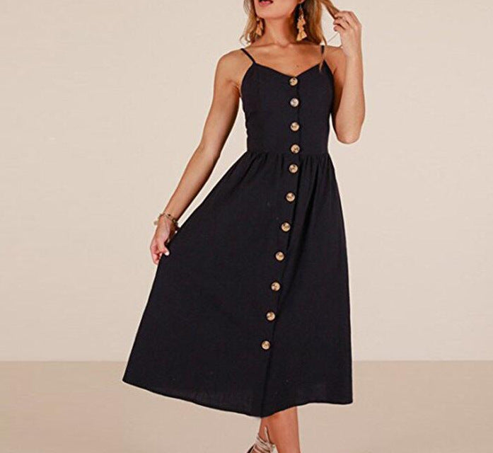 Women's Midi Dress – A-line Fit – Spaghetti Straps – Buttons and Side Pockets