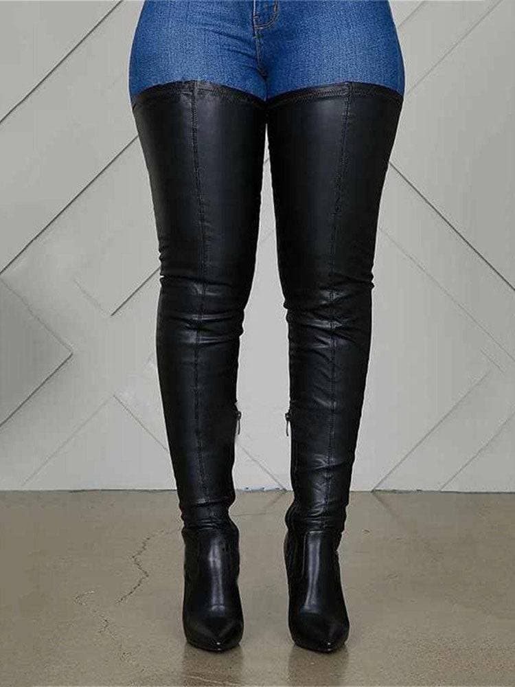 Women's Overknee Boots – Leather – Low Block Heel – Textured Sole – Zipper Closure