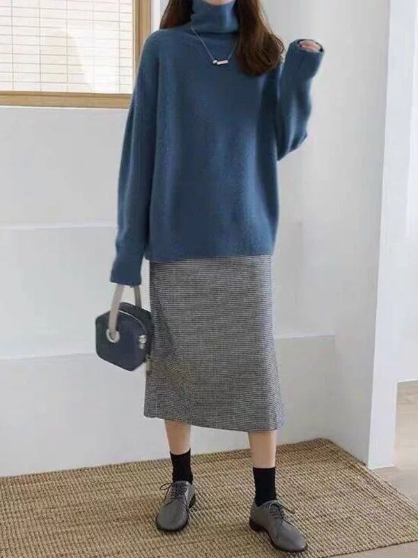 Women's Sweater with High Neck – Wool Blend – Relaxed Fit – Ribbed Knit – Hip Length