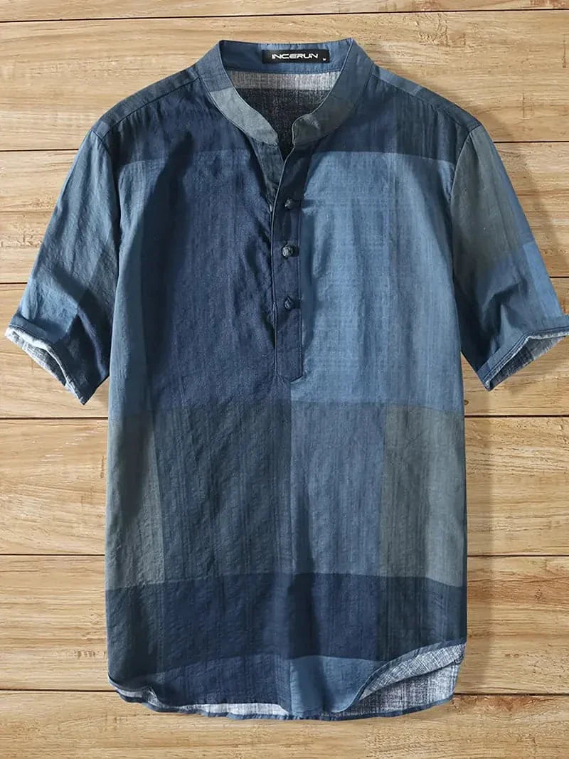 Men's Shirt - Short Sleeve with Mandarin Collar - Checkered Design - Relaxed Fit