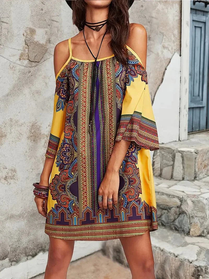 Women's Dress - Bohemian Design - Short Spaghetti Straps - Loose Fit - Flowy 3/4 Sleeves