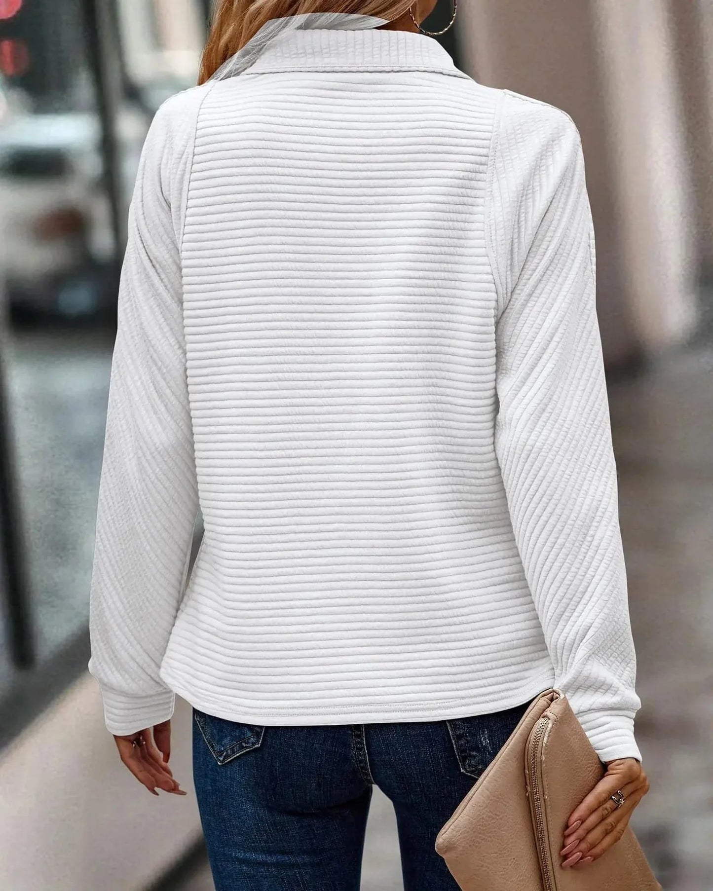 Women's Sweater - Ribbed Knit - Half Zipper - High Collar - Long-Sleeved Comfortable Fit