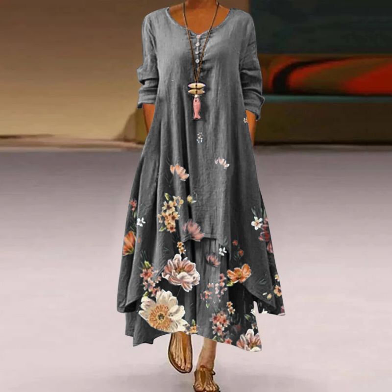 Women's Maxi Dress – Loose Fit – Long Sleeves – Floral Print – Round Neck