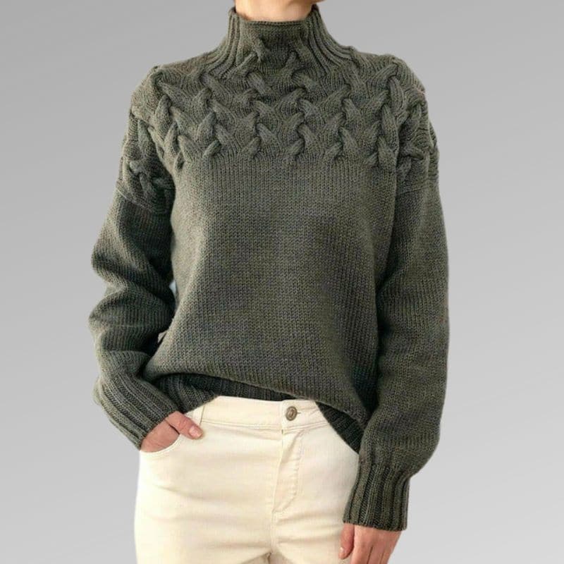 Women's Knitted Sweater - High Neck - Cable Knit Pattern - Ribbed Cuffs