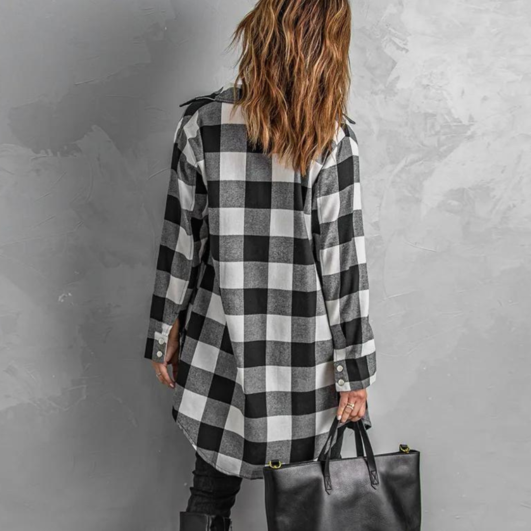 Women's Shirt Jacket - Plaid Flannel - Oversized Fit - Long Sleeves - Button Closure