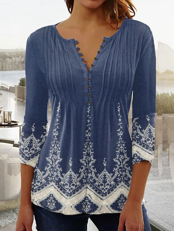 Women's Blouse – Relaxed Fit – V-neck – 3/4 Sleeves – Breathable Fabric – Floral Print