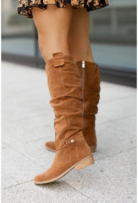 Dame Slouch Støvler - Semsket Skinn - Lav Blokkhæl - Slip-On Komfort