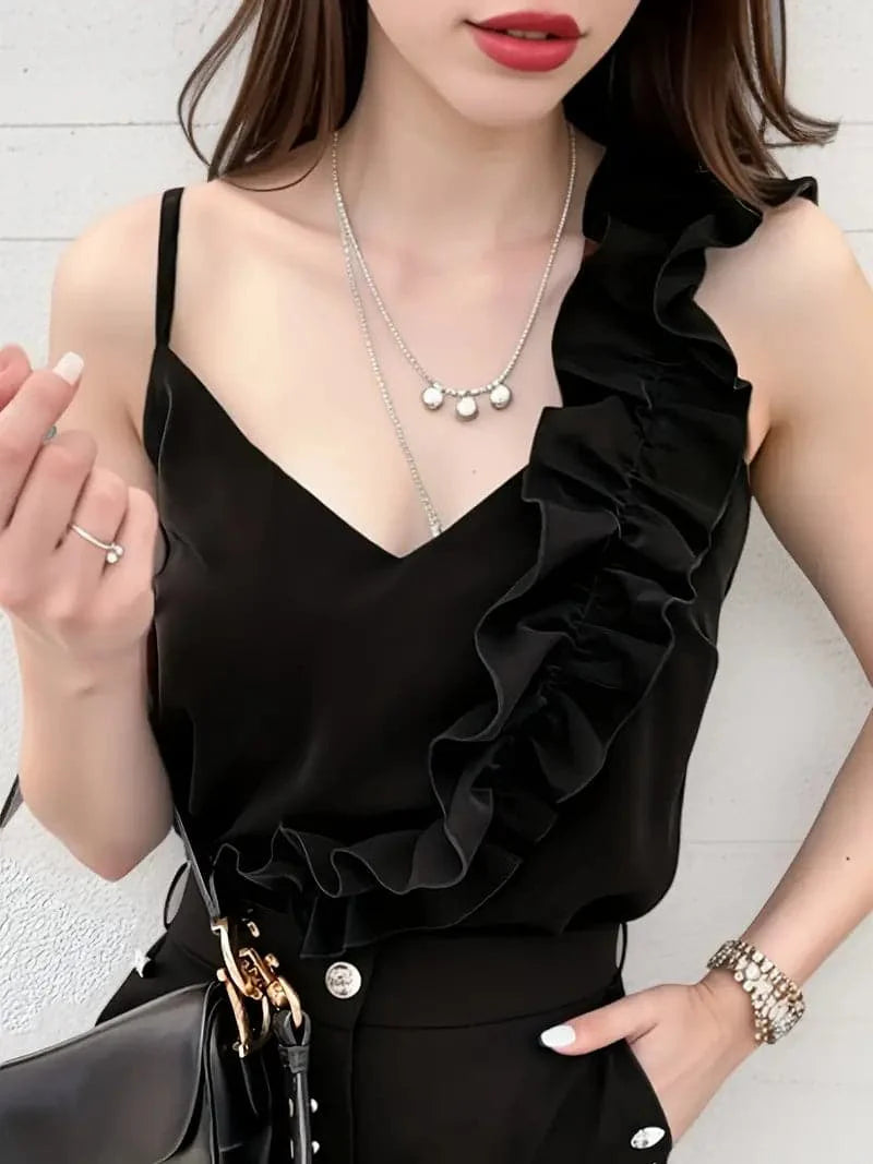 Women's Top - Sleeveless with V-Neckline - Spaghetti Straps and Ruffle Detail - Loose Fit