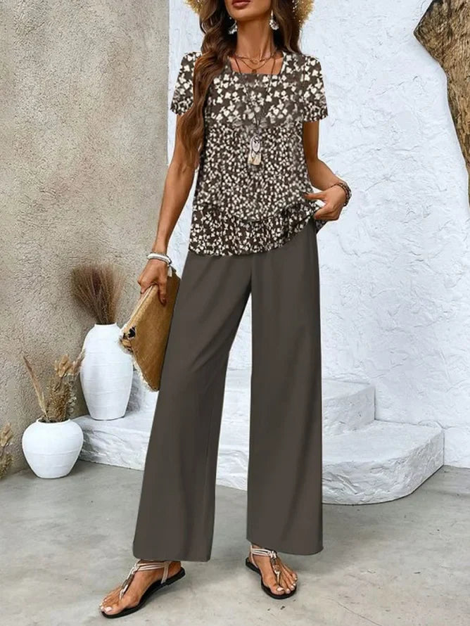 Women's Two-Piece Set – Sleeveless Layered Top – Wide Pants – Light Breathable Fabric
