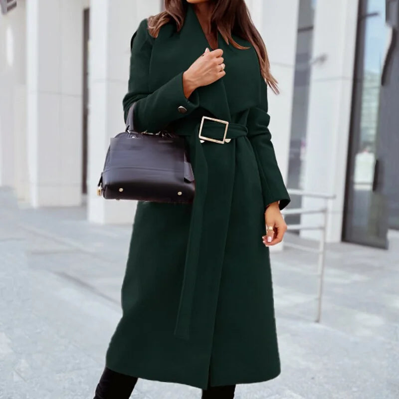Women's Long Coat - Wool Blend - Classic Tailored Fit - Belt and Wide Lapels