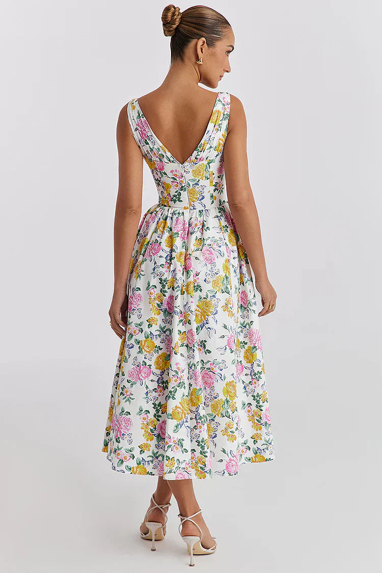 Dress for Women – Midi Length – Fitted Bodice – Sleeveless – A-line with Floral Pattern