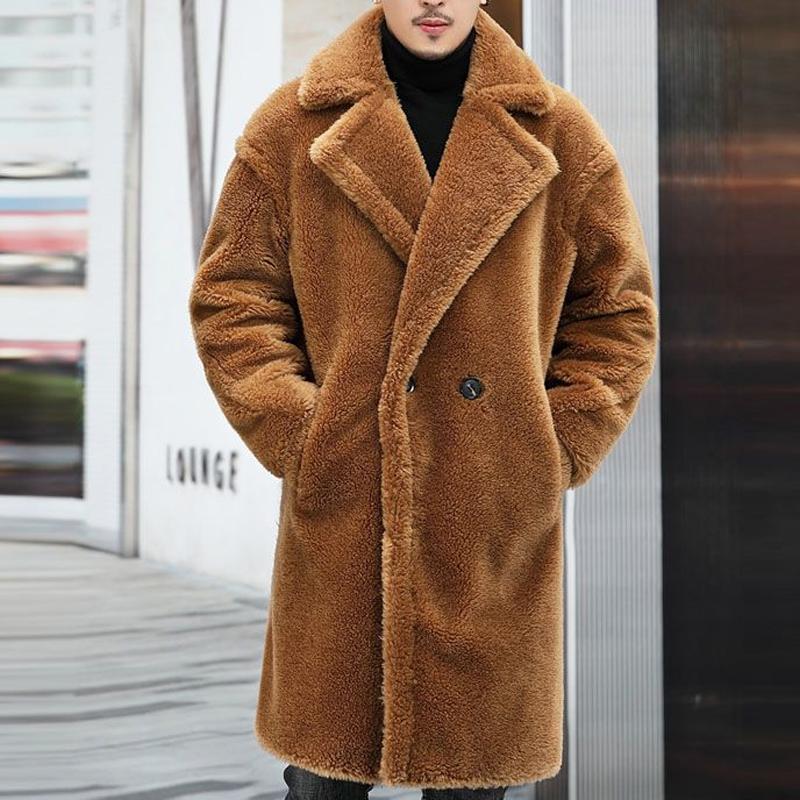 Men's Coat - Soft Teddy Material - Double-Breasted - Long and Warm - Classic Cut