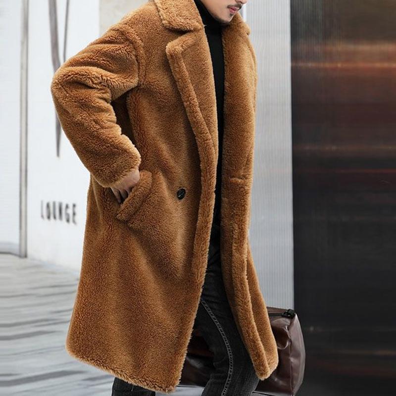 Men's Coat - Soft Teddy Material - Double-Breasted - Long and Warm - Classic Cut