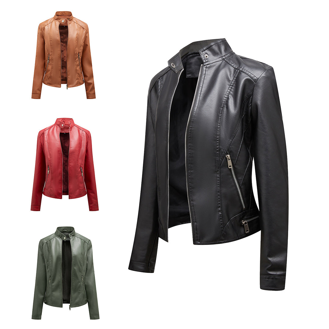 Women's Leather Jacket - Biker Style - Zipper Closure - Stand Collar - Slim Fit
