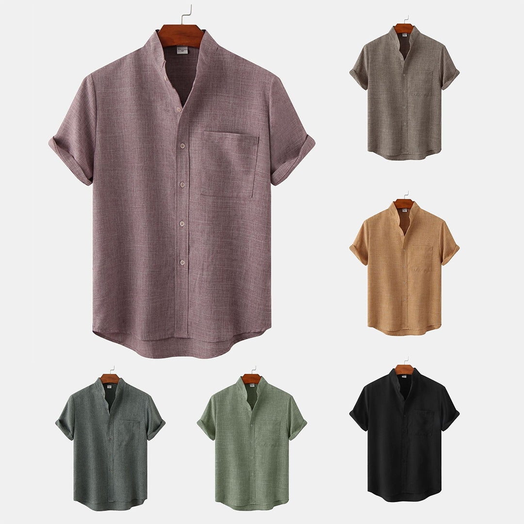 Men's Shirt - Linen Blend - Relaxed Fit - Short Sleeves - Mandarin Collar