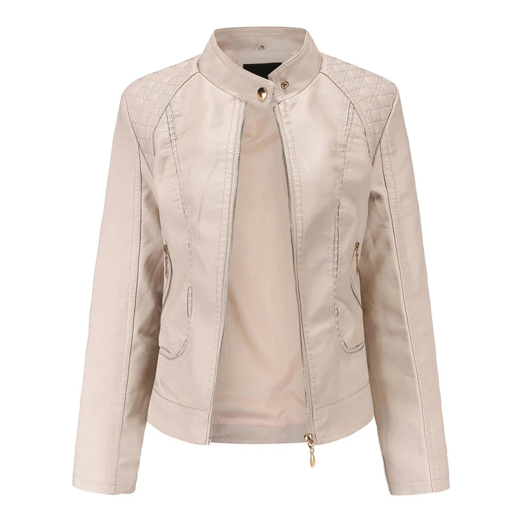 Women's Leather Jacket – Slim Fit – Quilted Shoulders – Stand Collar – Zipper Pockets