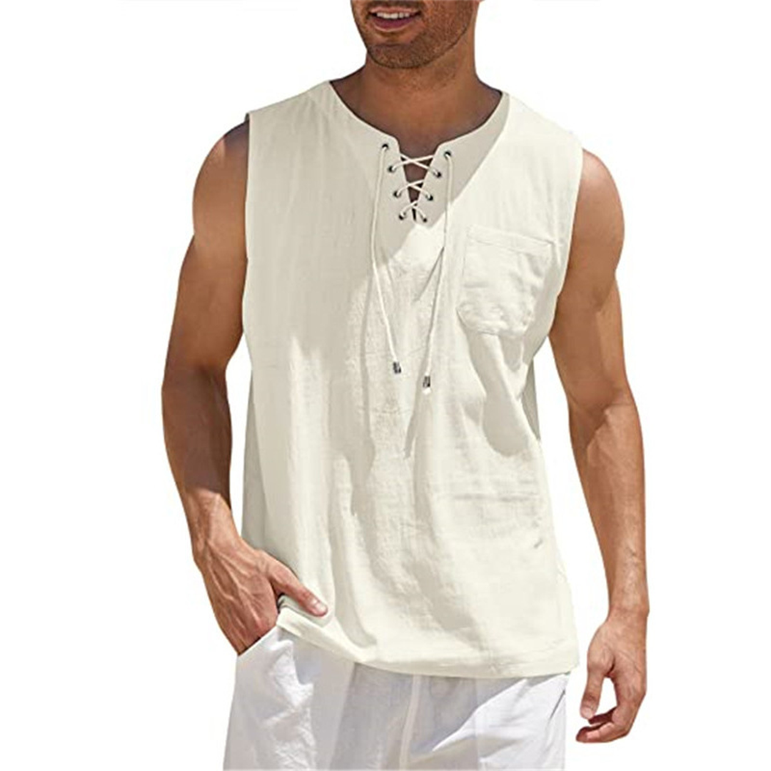 Men's Tank Top – Breathable Cotton/Linen – Relaxed Fit – Lace Detail