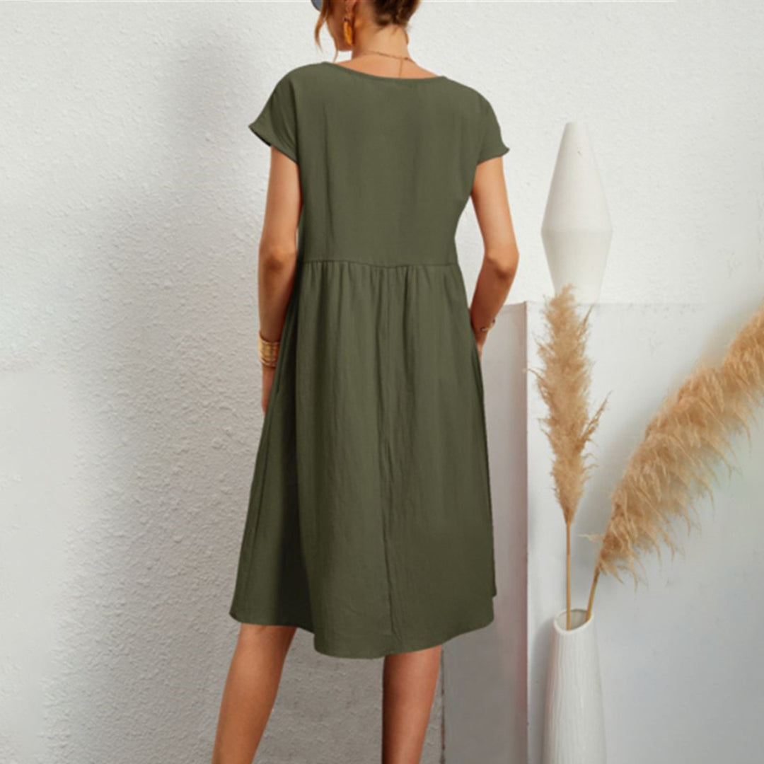 Women's Dress - A-line Midi - Short Sleeve with Round Neck - Light and Breathable - With Pockets