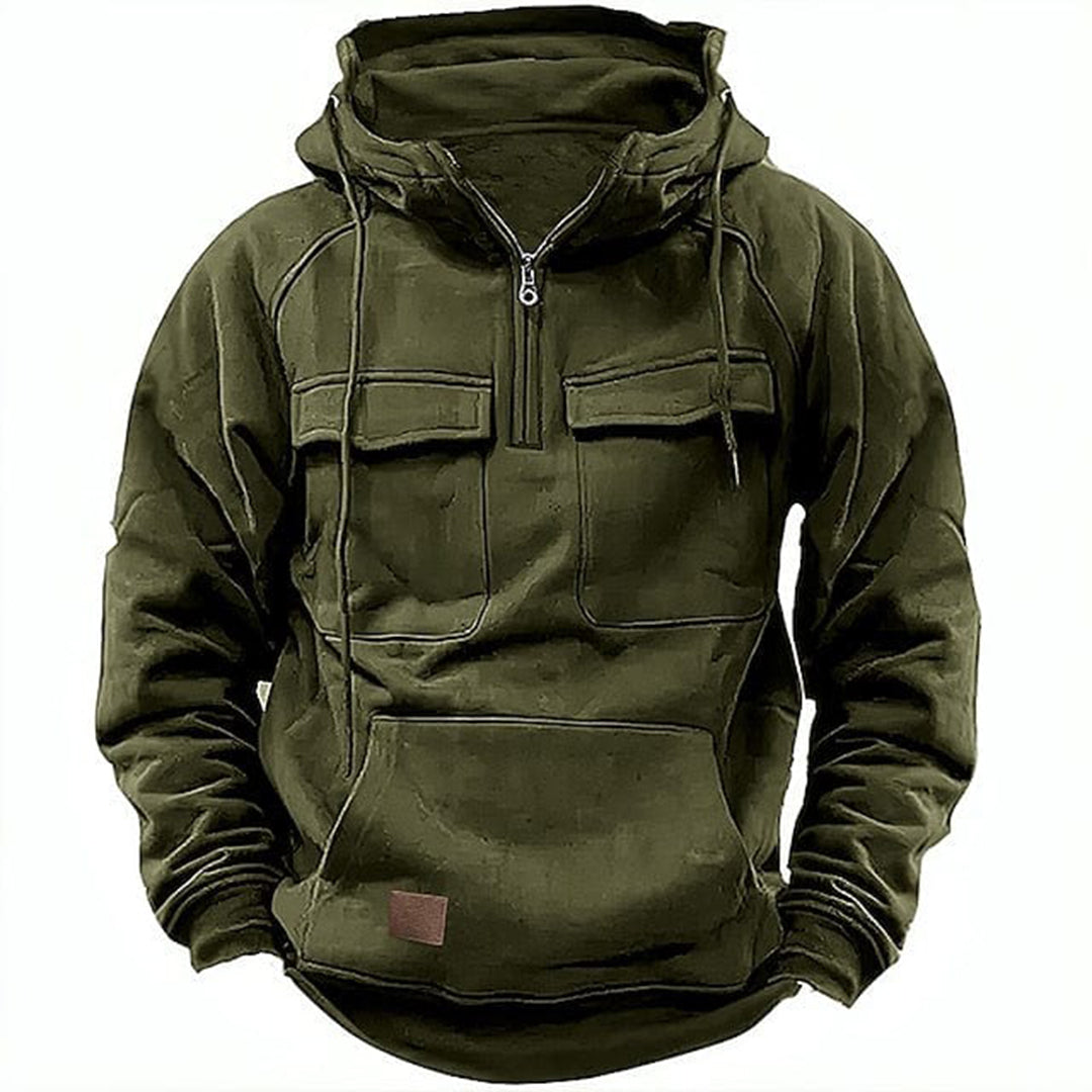 Men's Hoodie – Relaxed Fit – Half Zipper – Cotton Blend – Chest Pockets