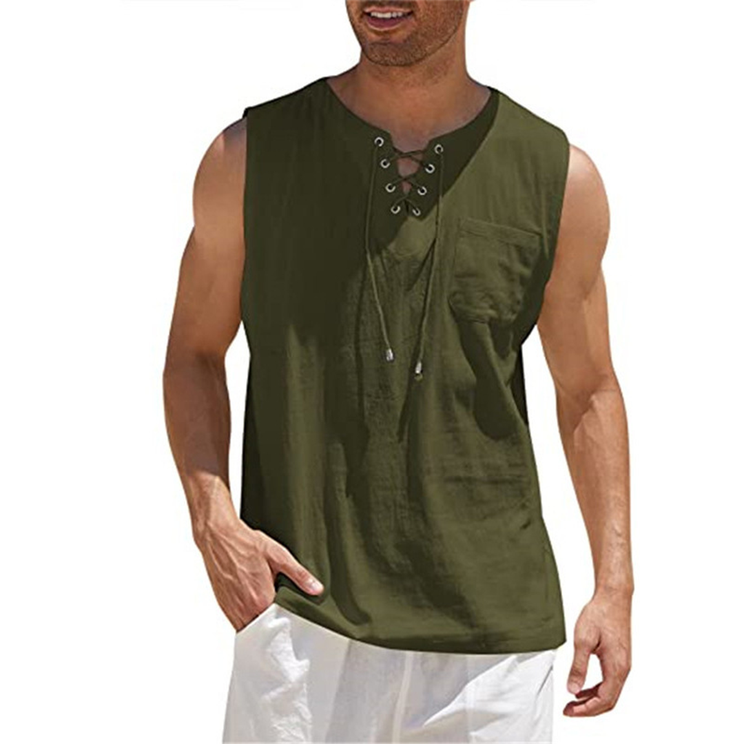 Men's Tank Top – Breathable Cotton/Linen – Relaxed Fit – Lace Detail