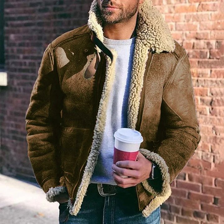 Men's Shearling Aviator Jacket – Suede Leather – Wool Lined – Zipper Closure – Classic Fit