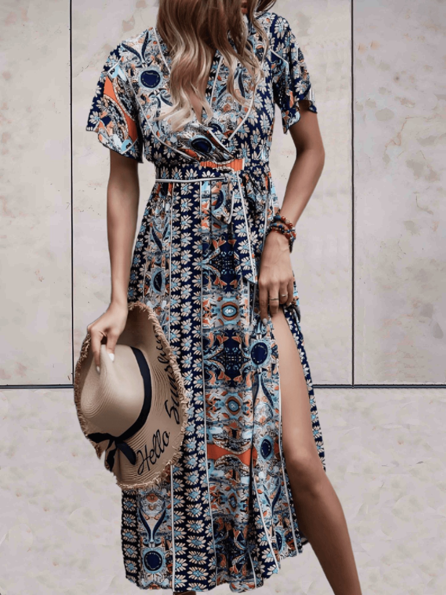 Women's Wrap Dress - V-neck - Short Ruffled Sleeves - Adjustable Waist - Midi Length