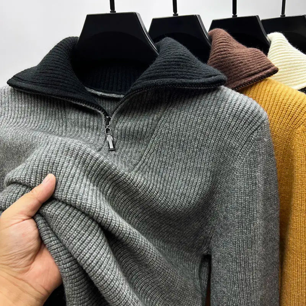 Men's Sweater – Relaxed Fit – Ribbed Knit Wool – High Neck with Zipper