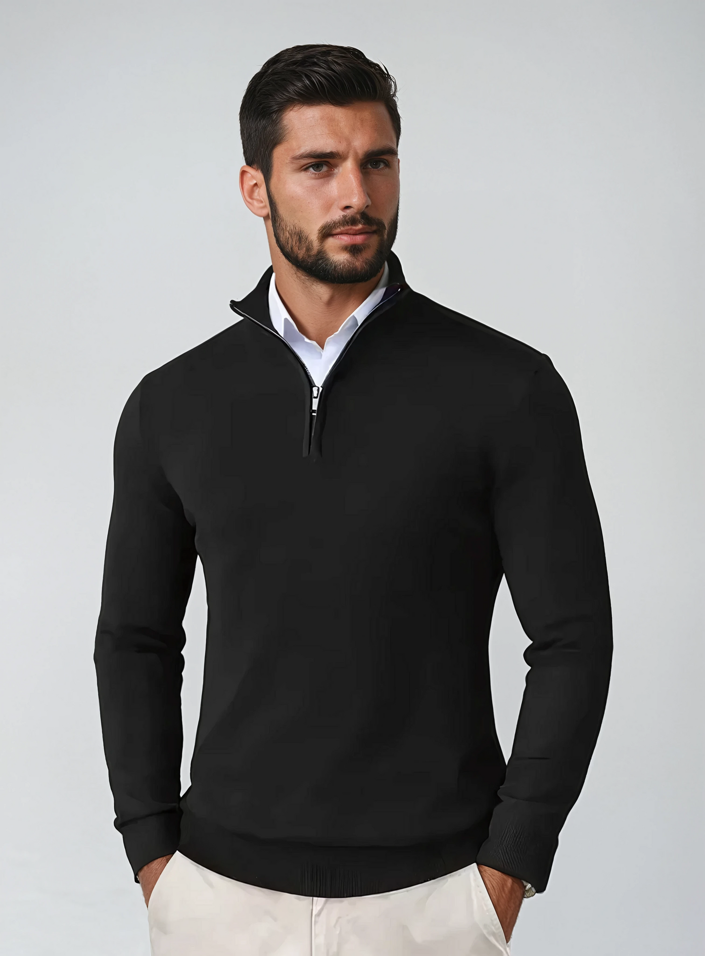 Men's Sweater with Zipper Collar – Cotton Blend – Regular Fit – Ribbed Edges