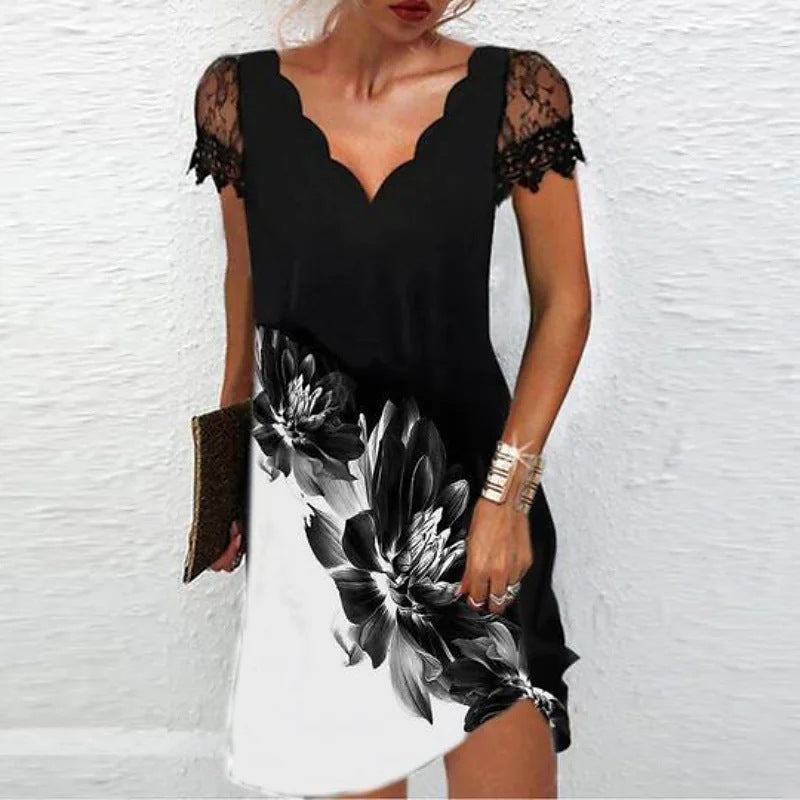 Dress for Women – Slim Fit – Elegant Style – Lace Sleeves – Sculpted Neckline