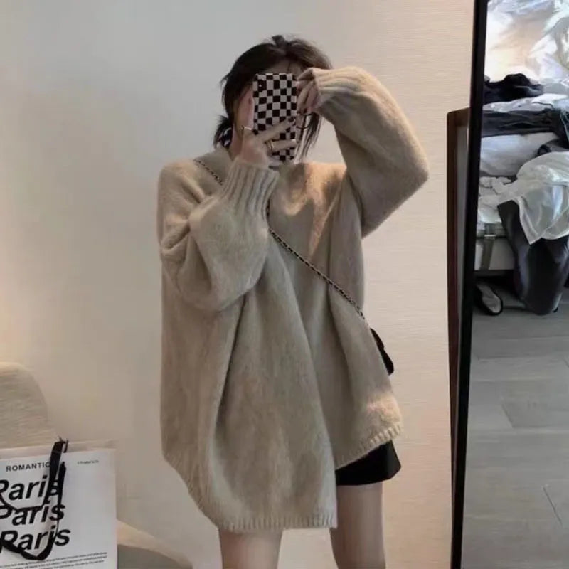 Women's Knitted Cardigan - Oversized Fit - V-neck Open Front - Long Sleeves