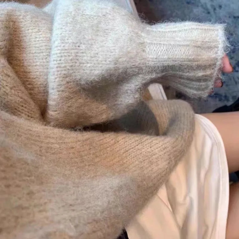 Women's Knitted Cardigan - Oversized Fit - V-neck Open Front - Long Sleeves