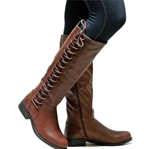 Women's Knee-High Boots – Lacing – Zipper – Flat Sole – Slim Fit