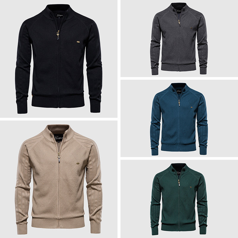 Men's Jacket - Zipper - High Collar - Knitted Texture - Comfortable Fit