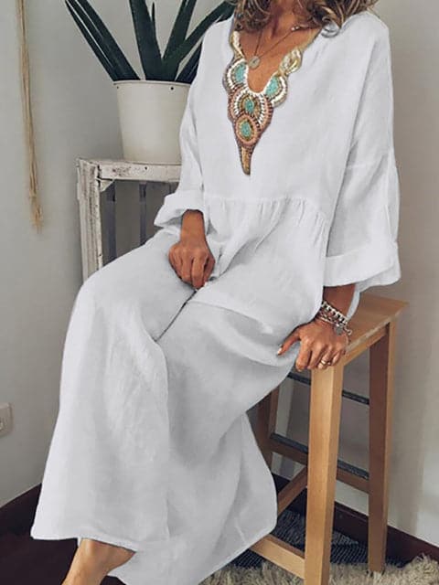Women's Caftan Dress – Long Maxi Length – V-Neck with Embroidery – Loose and Airy Fit