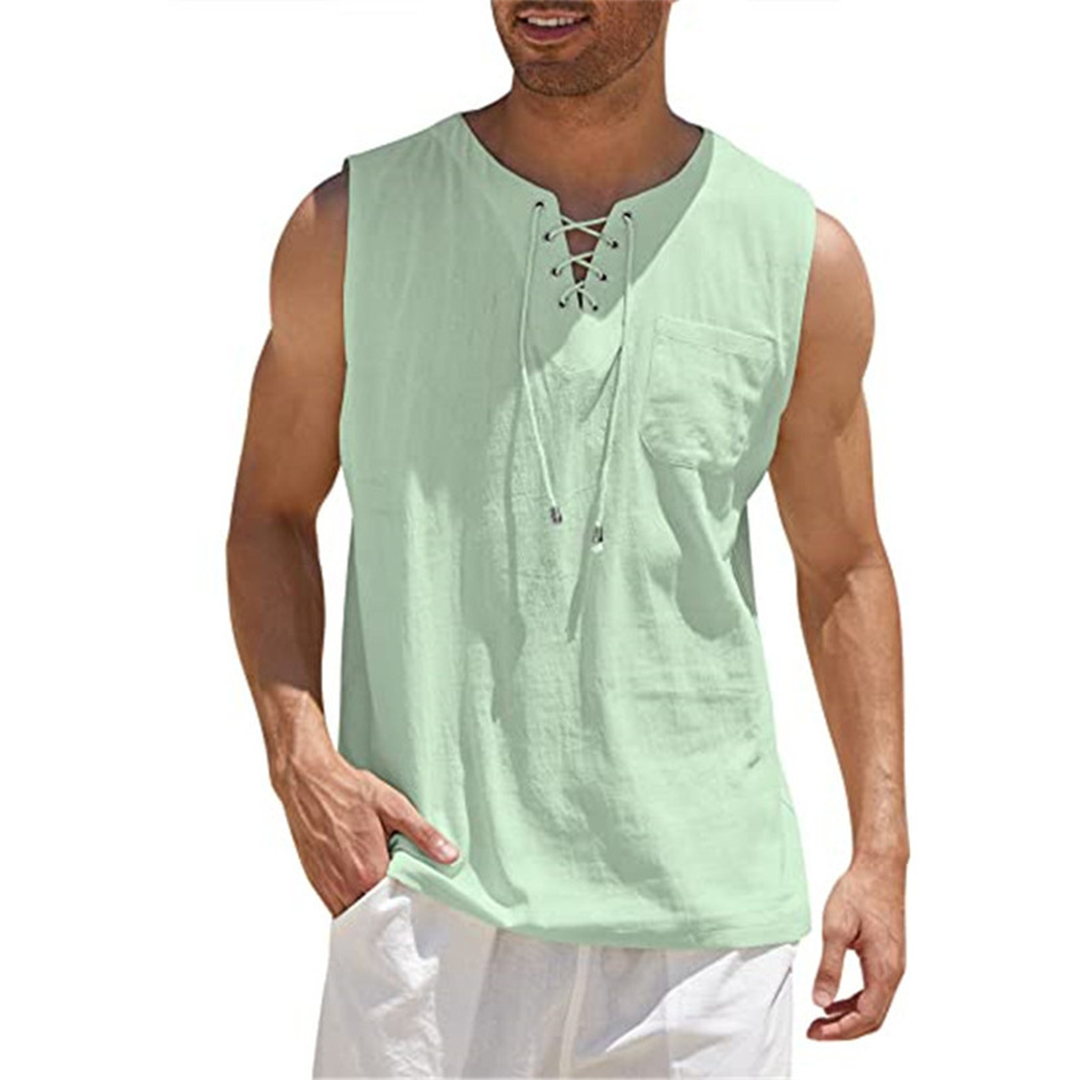 Men's Tank Top – Breathable Cotton/Linen – Relaxed Fit – Lace Detail