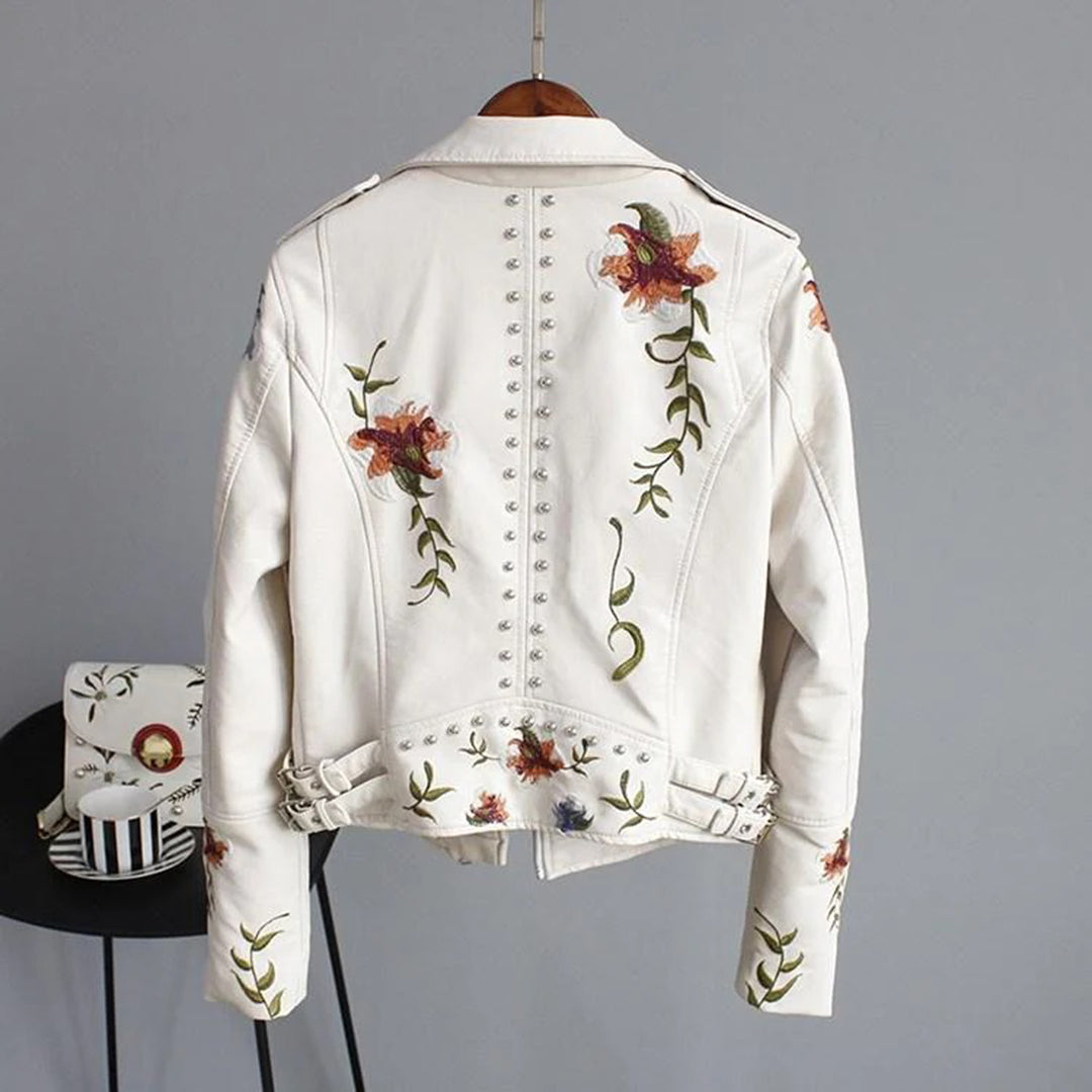 Women's Biker Jacket – Imitation Leather – Floral Embroidery – Stud Details – Asymmetric Zipper