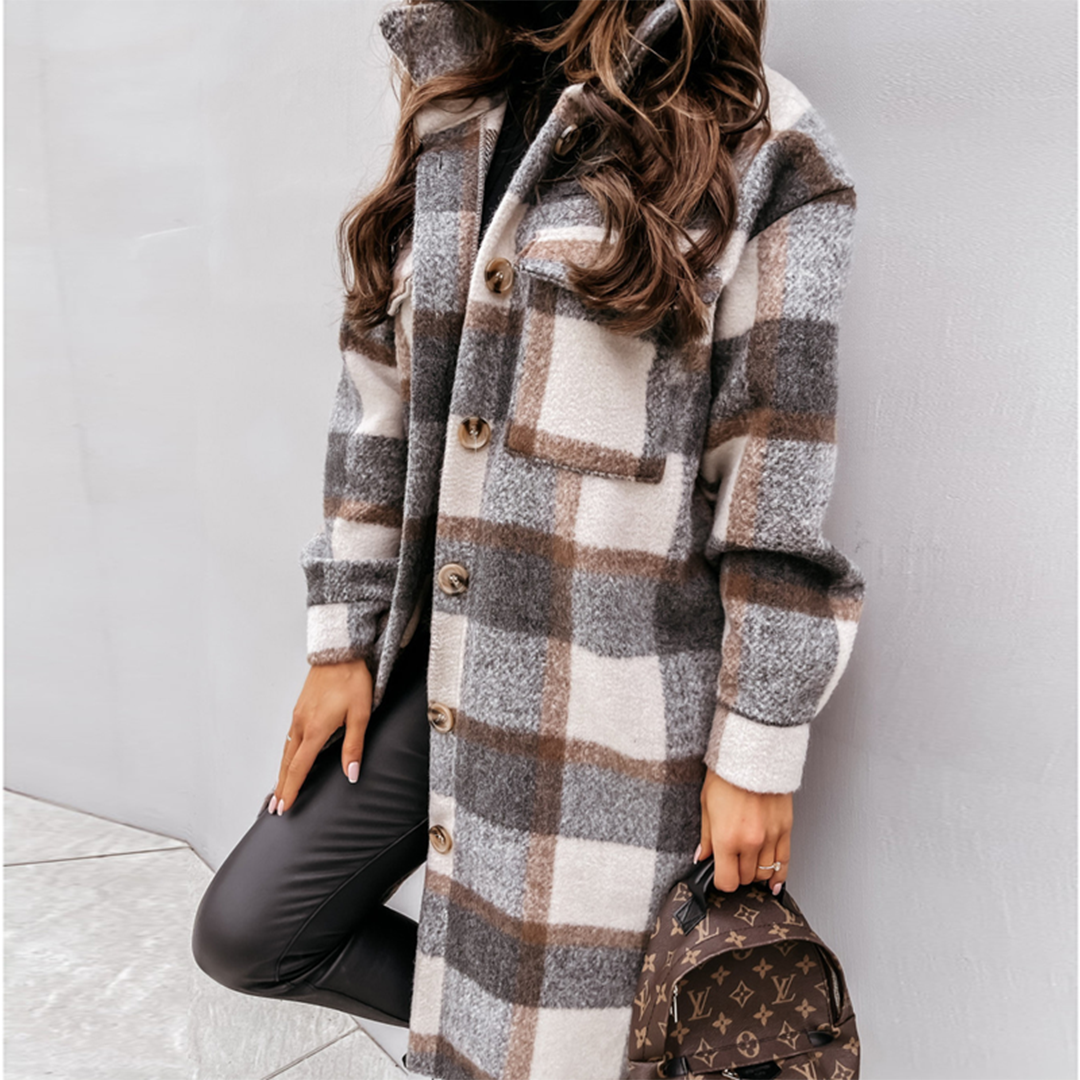 Women's Long Coat – Wool Blend – Oversized Fit – Check Pattern – Button Closure