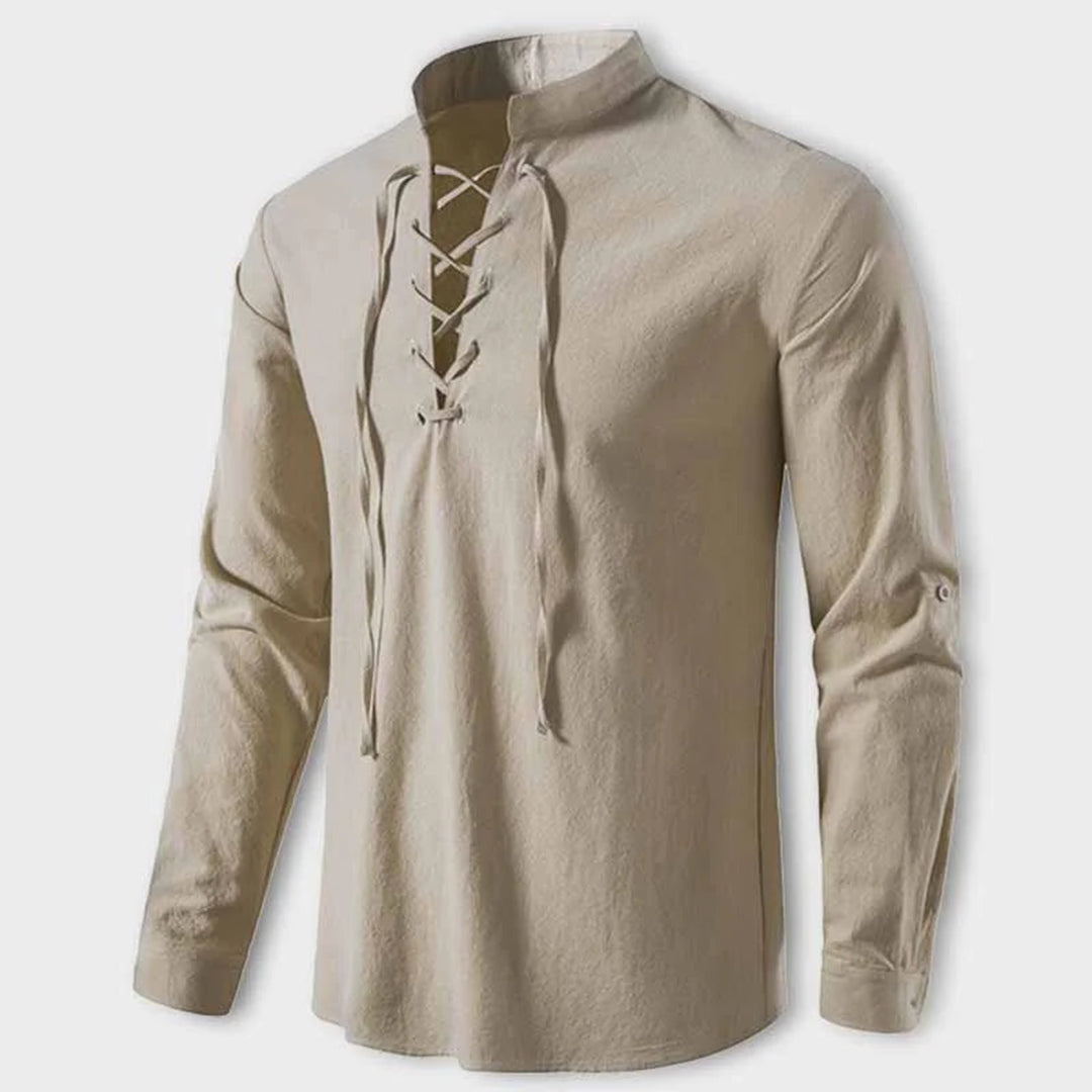 Men's Shirt – Long Sleeve with Lace Details – Mandarin Collar – Relaxed Fit