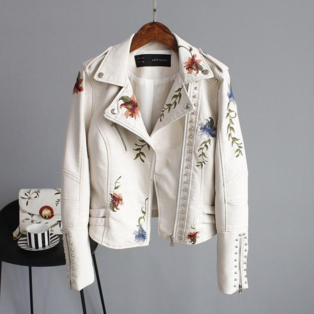 Women's Biker Jacket – Imitation Leather – Floral Embroidery – Stud Details – Asymmetric Zipper