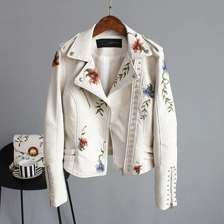 Women's Biker Jacket – Tailored Fit – Floral Embroidery – Studded Details – Lightweight