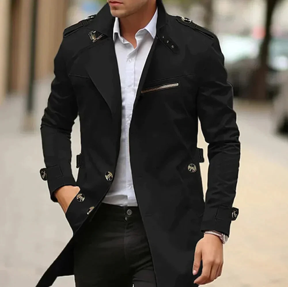 Decorative buttons highlight stylish trench coat with pockets for men