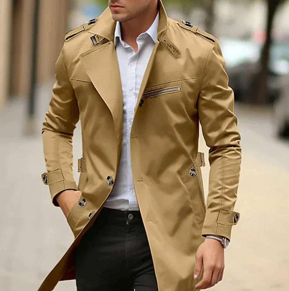 Men's Trench Coat - Double-Breasted - Classic Cut - Mid-Thigh Length - Functional Pockets