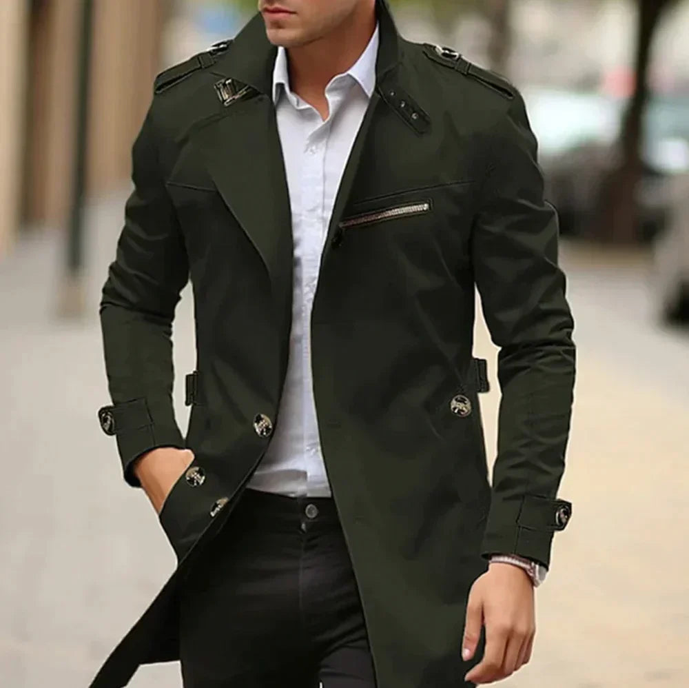 Men's Trench Coat - Double-Breasted - Classic Cut - Mid-Thigh Length - Functional Pockets