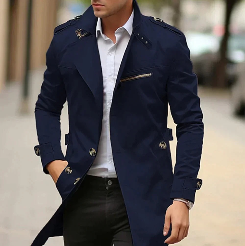 Men's Trench Coat - Double-Breasted - Classic Cut - Mid-Thigh Length - Functional Pockets