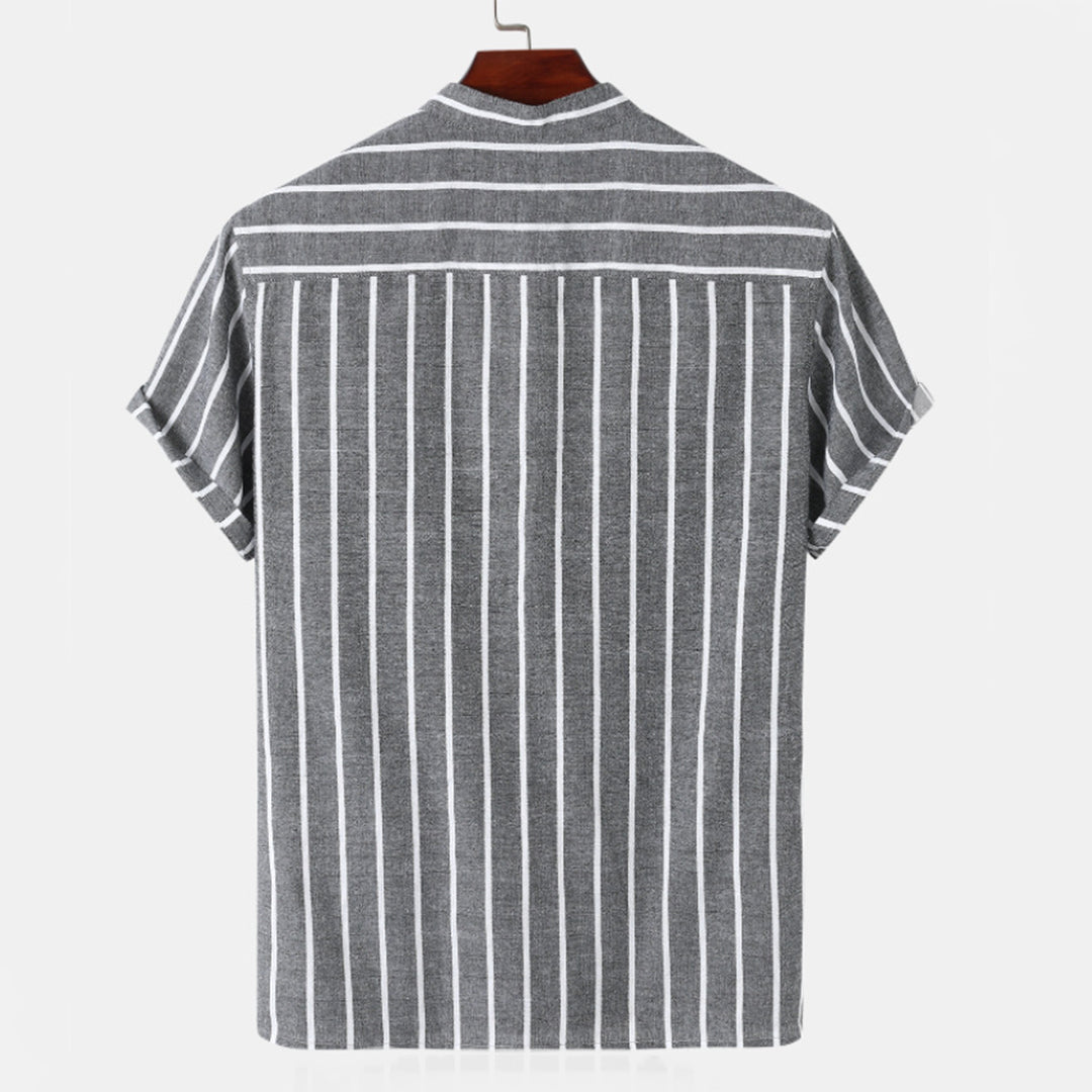 Men's Shirt - Vertical Stripes - Mandarin Collar - Short Sleeve - Breathable Cotton/Linen